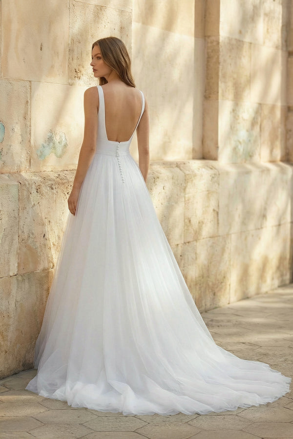 Square Neck A Line Tulle Wedding Dress in White - SHE IS ME Wedding Dresses
