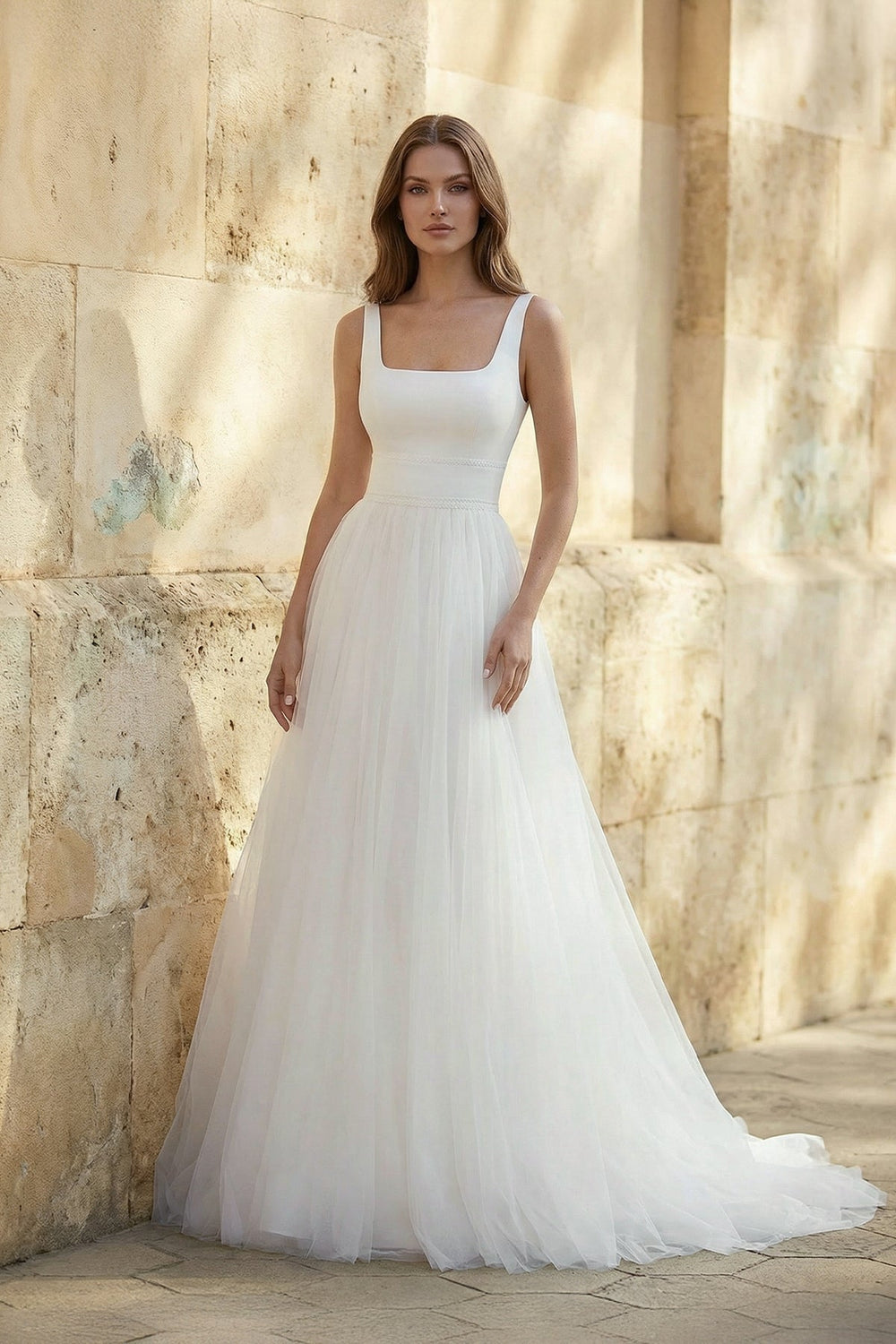 Square Neck A Line Tulle Wedding Dress in White - SHE IS ME Wedding Dresses