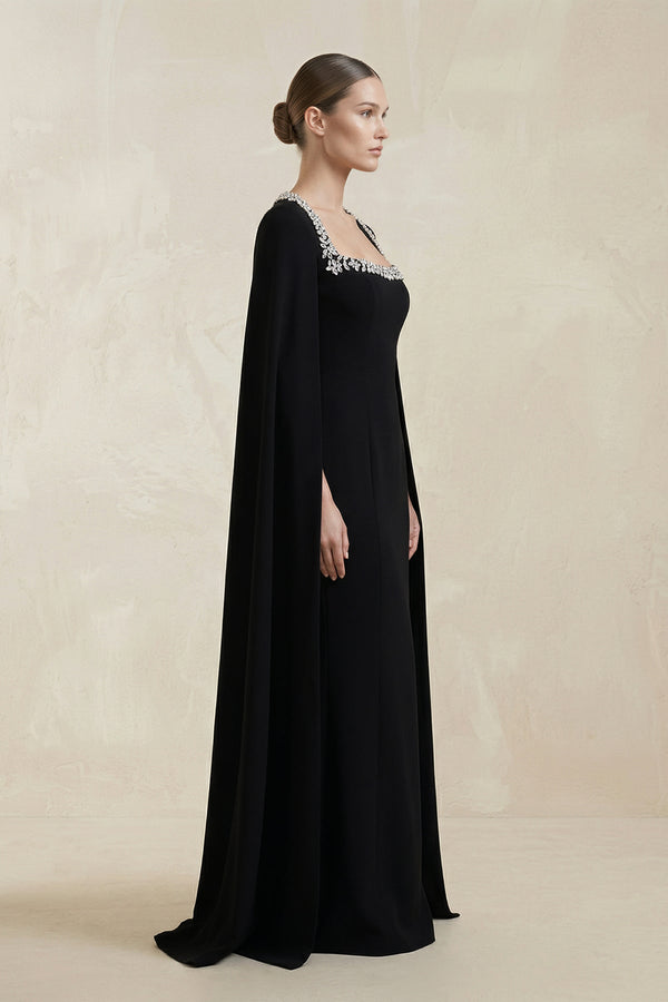 Square Neck Beaded Sheath Satin Wedding Dress With Sleeves in Black - SHE IS ME Wedding Dresses