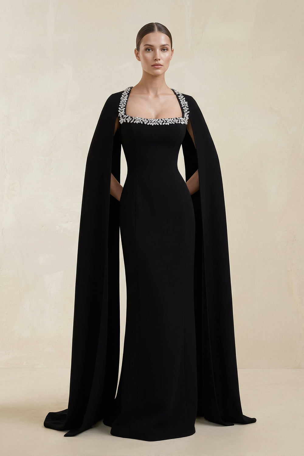 Square Neck Beaded Sheath Satin Wedding Dress With Sleeves in Black - SHE IS ME Wedding Dresses