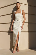 Square Neck Belted Midi Dress With Slit in White - SHE IS ME