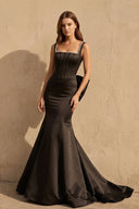 Square Neck Bow Gown With Pearls in Black - SHE IS ME