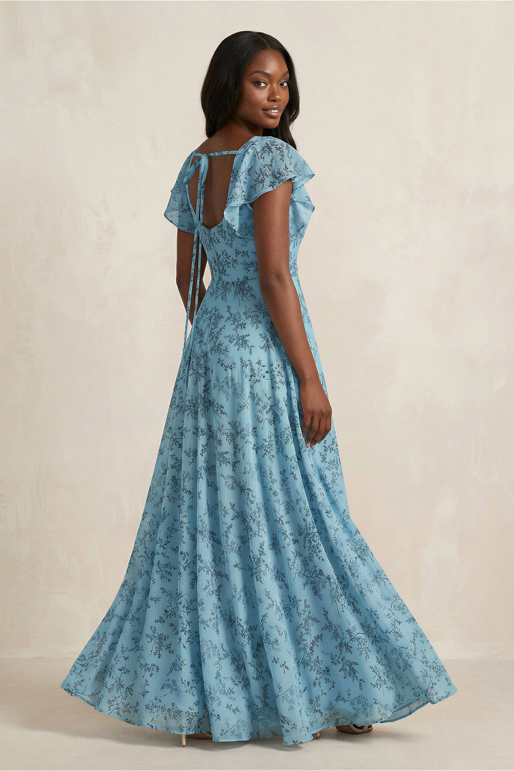 Square Neck Cap Sleeve A - Line Floral Chiffon Bridesmaid Dress in Adriatic Blue - SHE IS ME Bridesmaid Dresses