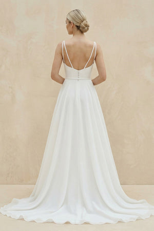 Square Neck Chiffon A - Line Wedding Dress in White - SHE IS ME Wedding Dresses