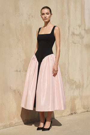 Square Neck Corset Midi Dress in Black and Pink - SHE IS ME