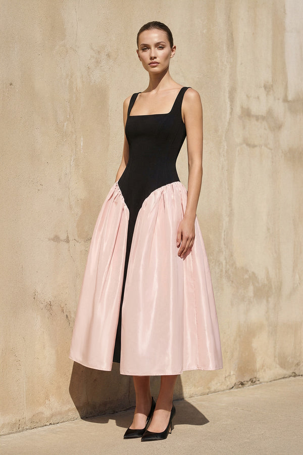 Square Neck Corset Midi Dress in Black and Pink - SHE IS ME
