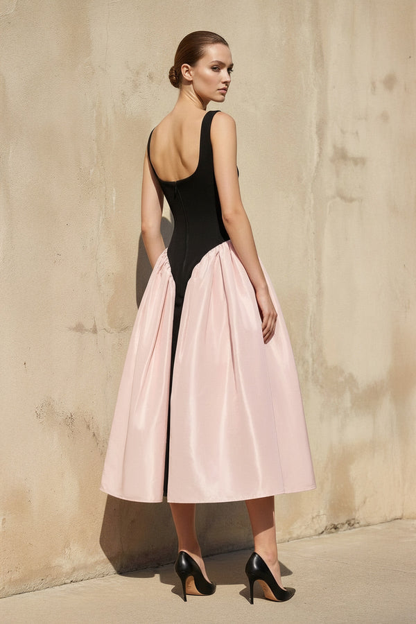 Square Neck Corset Midi Dress in Black and Pink - SHE IS ME