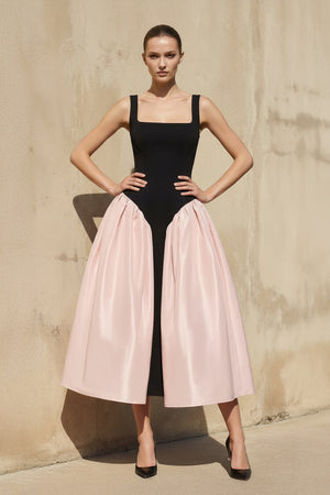 Sheisme - Square Neck Corset Midi Dress in Black and Pink