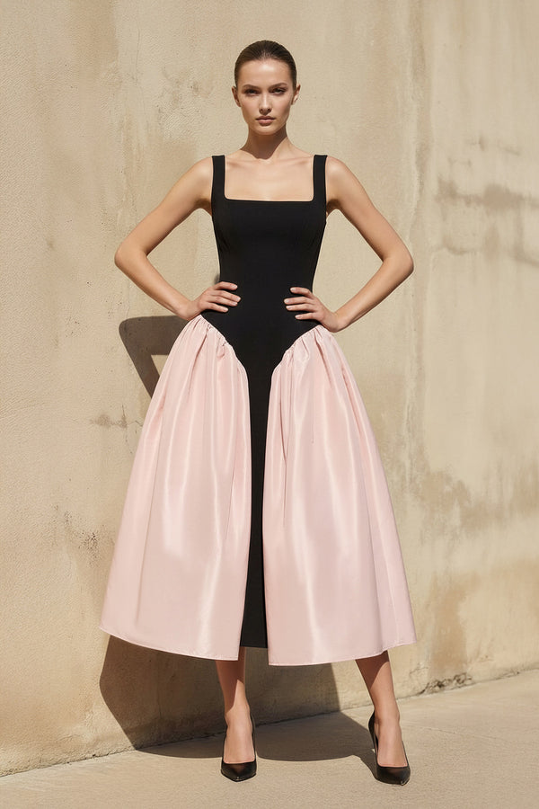 Sheisme - Square Neck Corset Midi Dress in Black and Pink