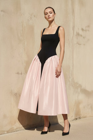 Sheisme - Square Neck Corset Midi Dress in Black and Pink