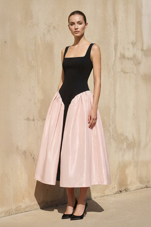Sheisme - Square Neck Corset Midi Dress in Black and Pink