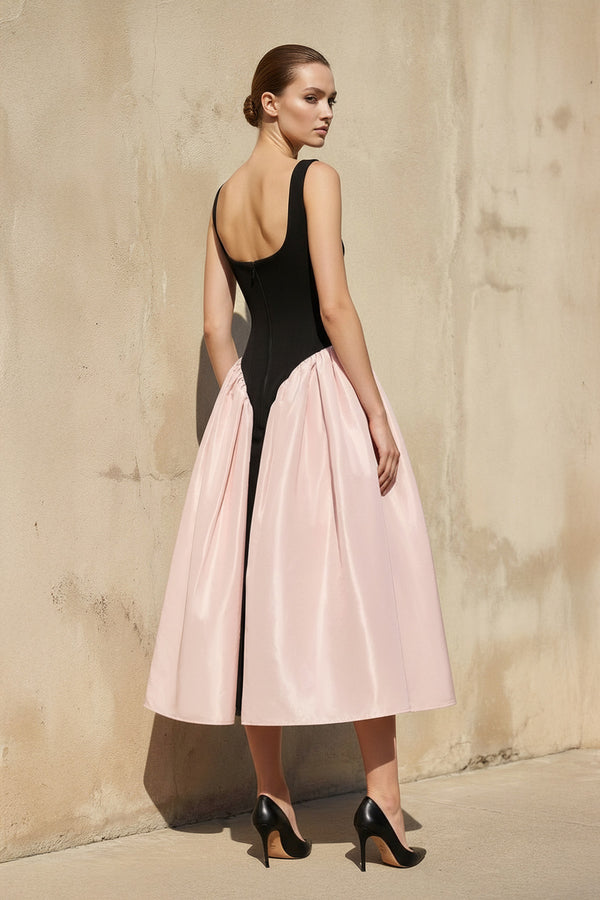 Sheisme - Square Neck Corset Midi Dress in Black and Pink
