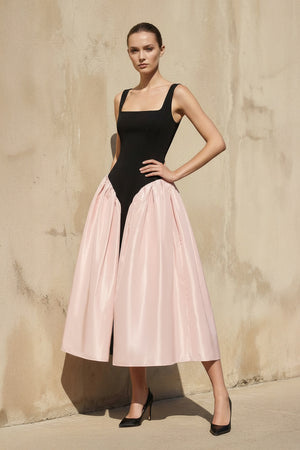Sheisme - Square Neck Corset Midi Dress in Black and Pink