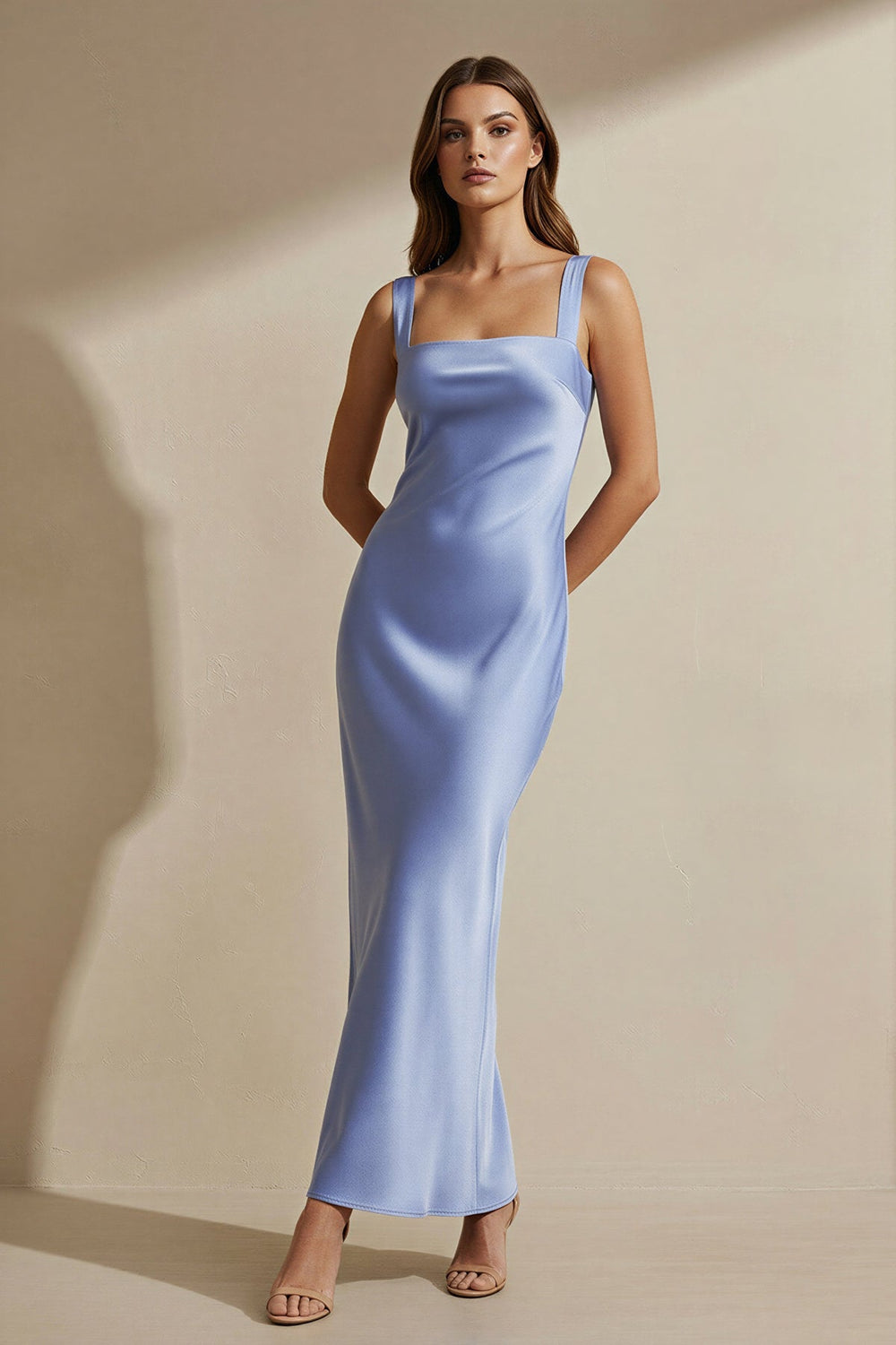 Square Neck Cross Back Satin Maxi Dress in Steel Blue - SHE IS ME PROM DRESSES