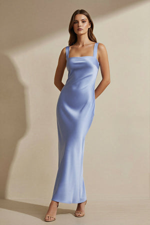 Square Neck Cross Back Satin Maxi Dress in Steel Blue - SHE IS ME PROM DRESSES