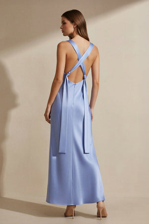 Square Neck Cross Back Satin Maxi Dress in Steel Blue - SHE IS ME PROM DRESSES
