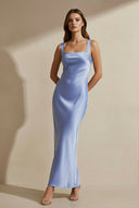 Square Neck Cross Back Satin Maxi Dress in Steel Blue - SHE IS ME
