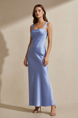 Square Neck Cross Back Satin Maxi Dress in Steel Blue - SHE IS ME PROM DRESSES