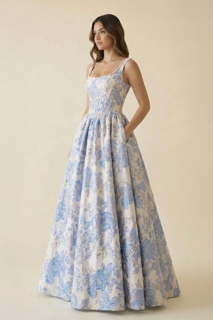 Square Neck Floral A Line Maxi Dress With Pockets in Blue - SHE IS ME PROM DRESSES