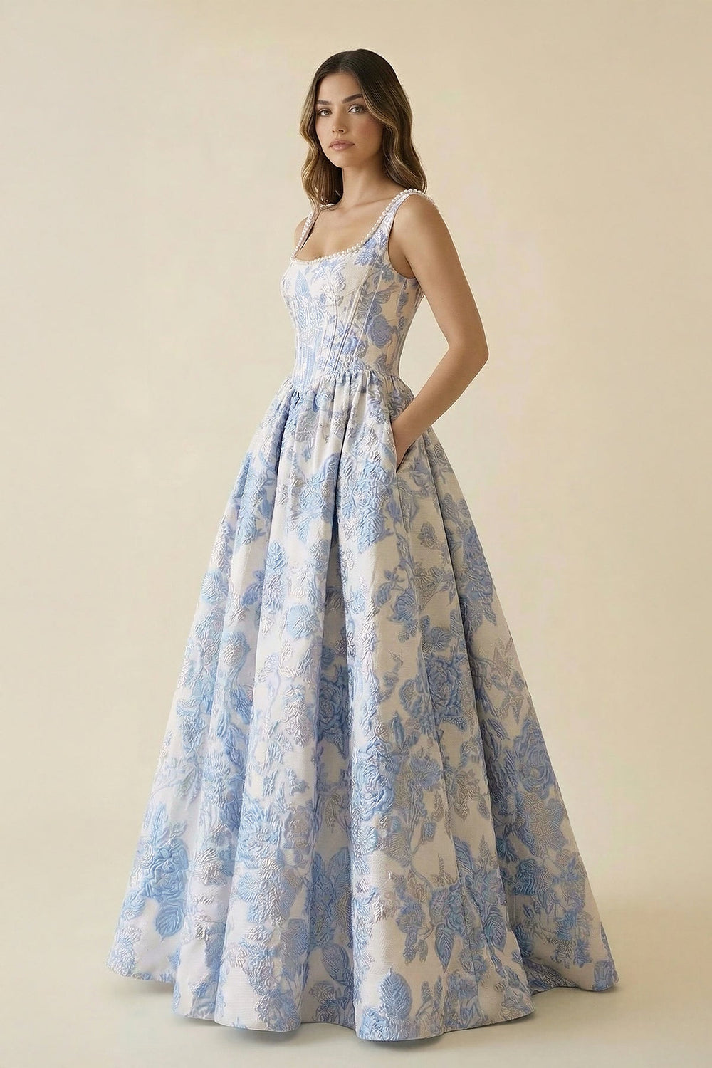 Square Neck Floral A Line Maxi Dress With Pockets in Blue - SHE IS ME PROM DRESSES