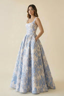 Square Neck Floral A Line Maxi Dress With Pockets in Blue - SHE IS ME PROM DRESSES