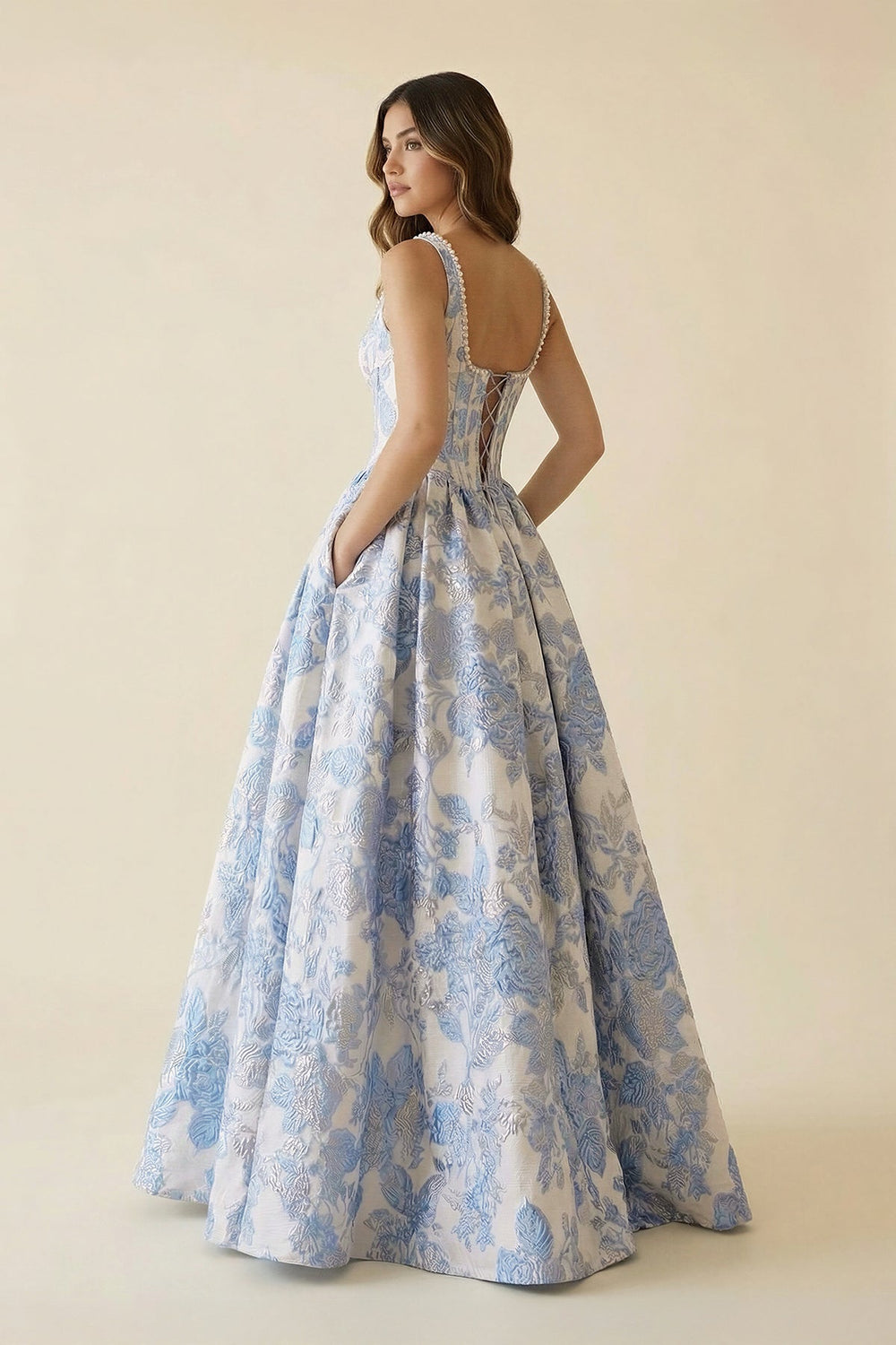 Square Neck Floral A Line Maxi Dress With Pockets in Blue - SHE IS ME PROM DRESSES