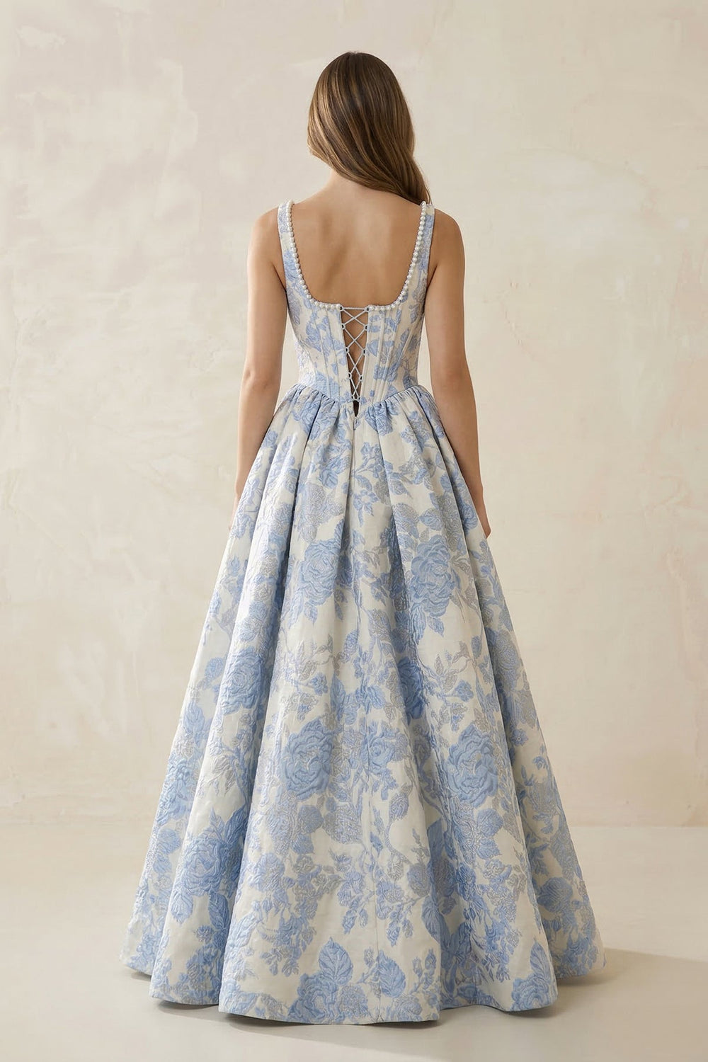 Square Neck Floral A Line Maxi Dress With Pockets in Blue - SHE IS ME PROM DRESSES