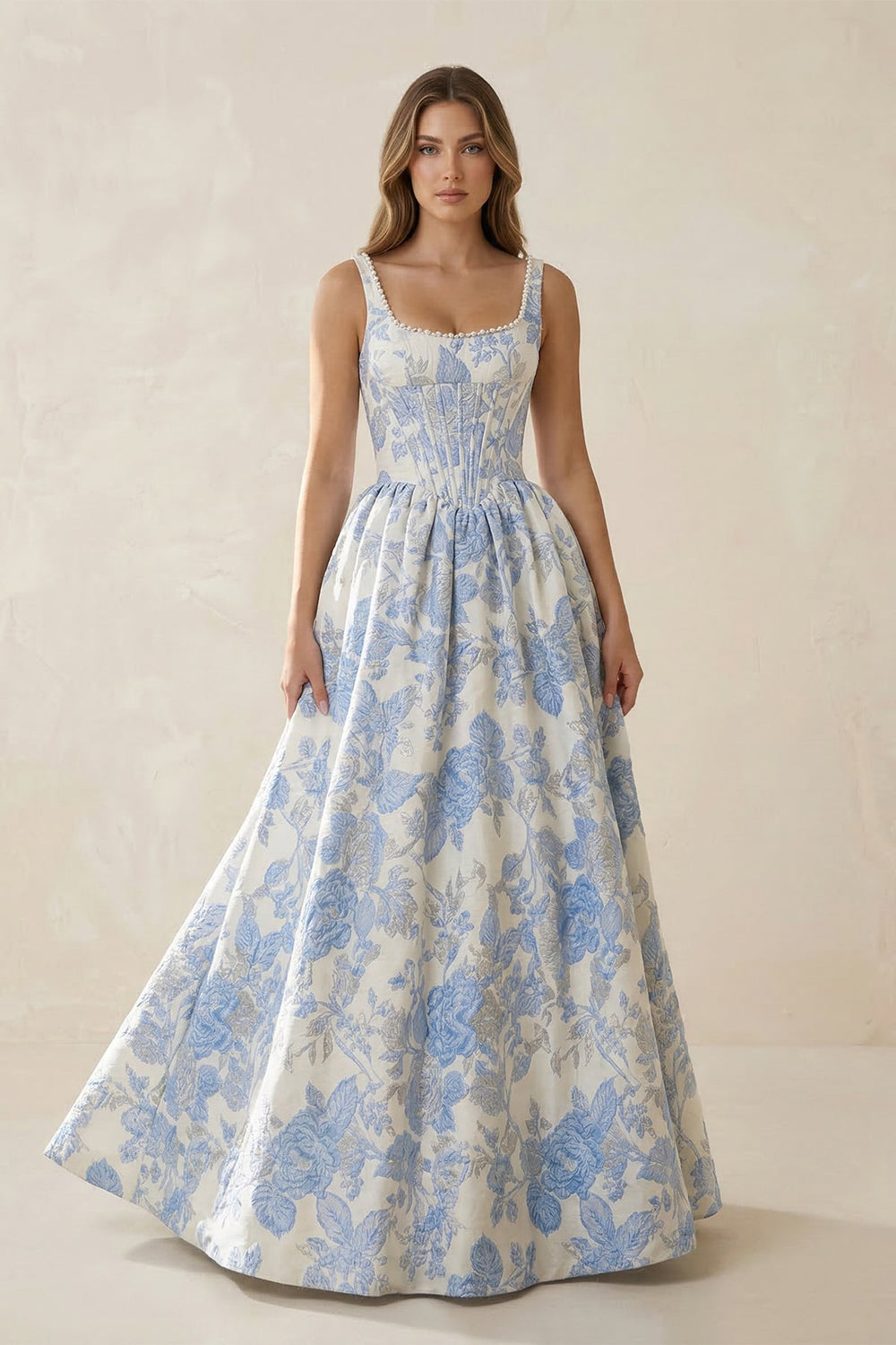 Square Neck Floral A Line Maxi Dress With Pockets in Blue - SHE IS ME PROM DRESSES