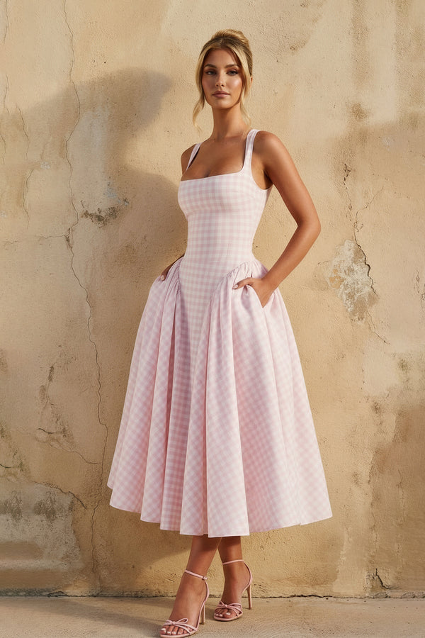 Square Neck Gingham Midi Dress in Pink - SHE IS ME