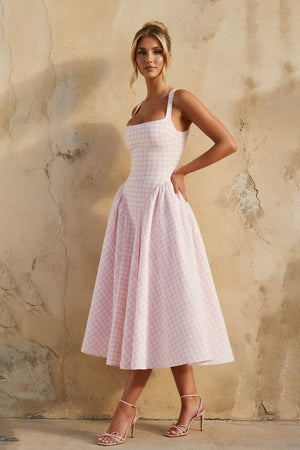 Square Neck Gingham Midi Dress in Pink - SHE IS ME