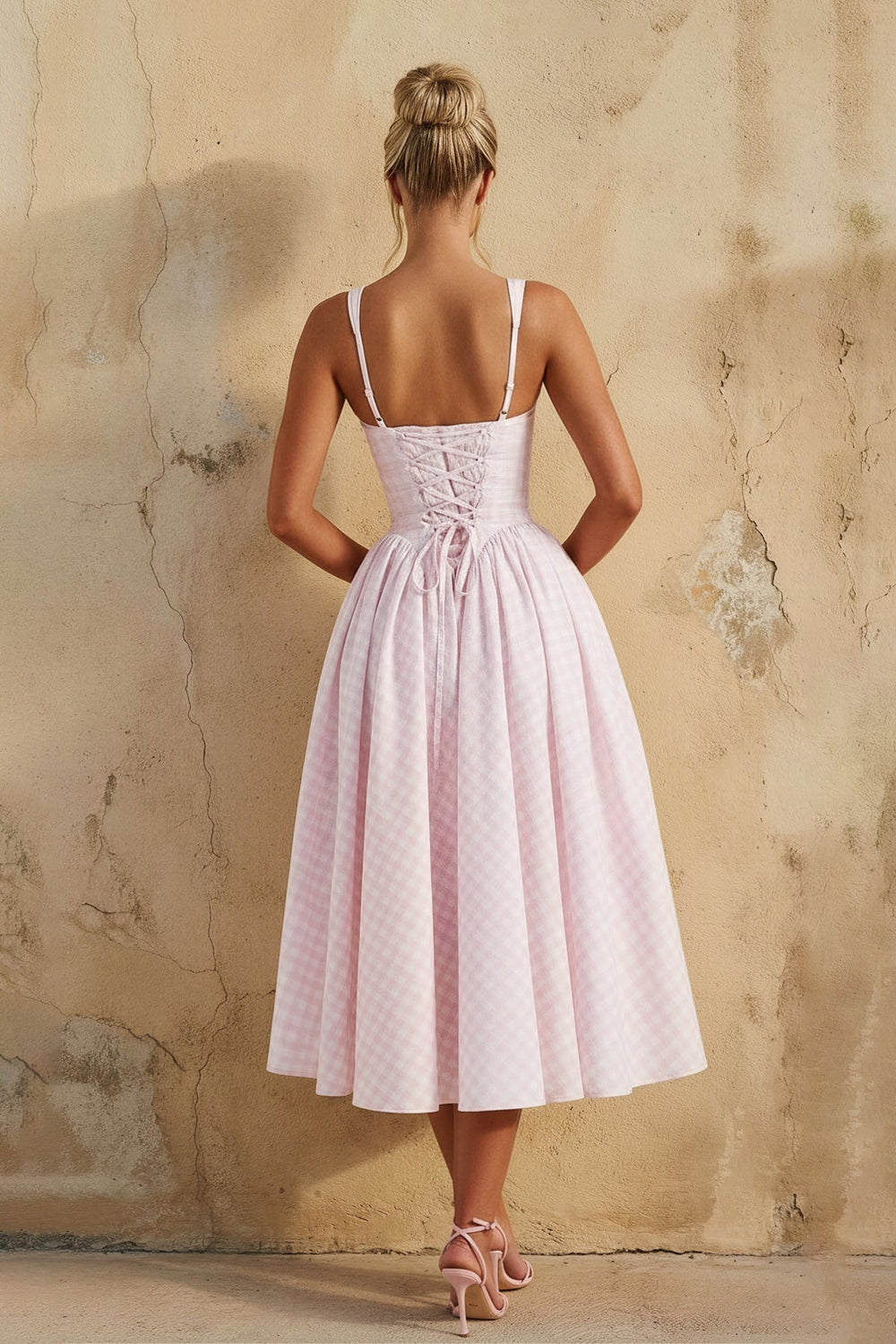 Square Neck Gingham Midi Dress in Pink - SHE IS ME