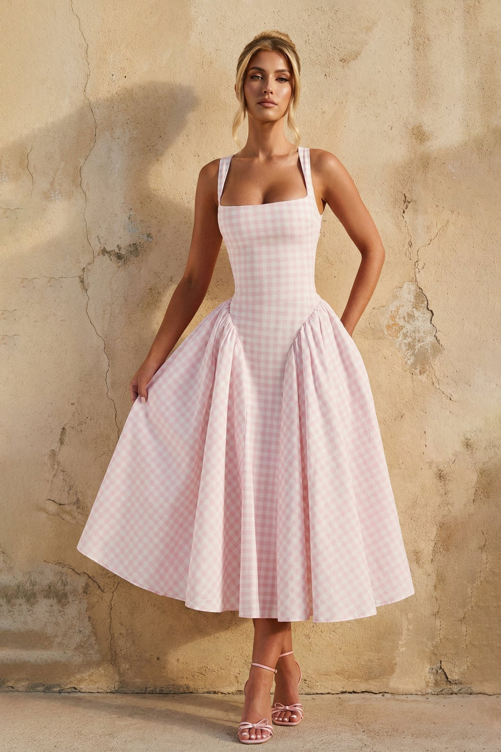 Square Neck Gingham Midi Dress in Pink - SHE IS ME