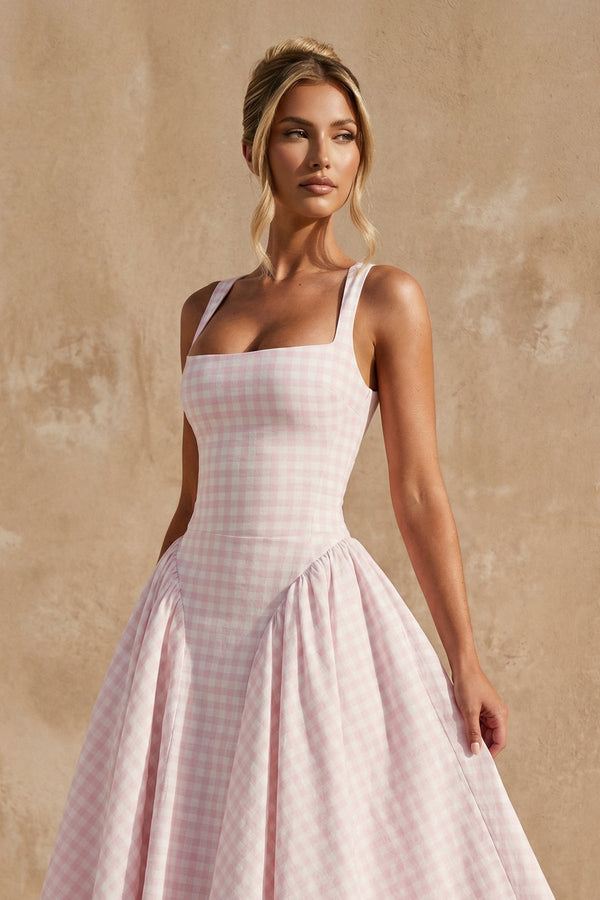 Square Neck Gingham Midi Dress in Pink - SHE IS ME