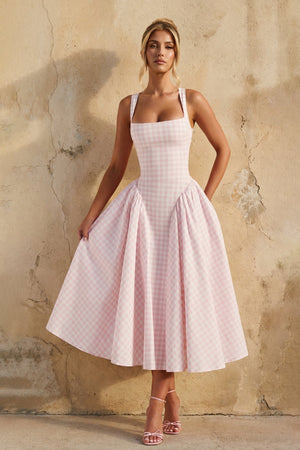 Square Neck Gingham Midi Dress in Pink - SHE IS ME