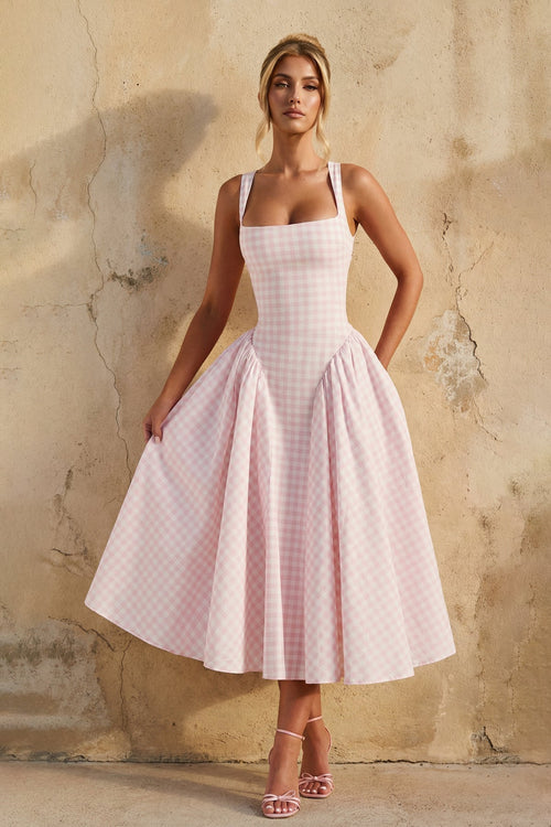 Square Neck Gingham Midi Dress in Pink - SHE IS ME