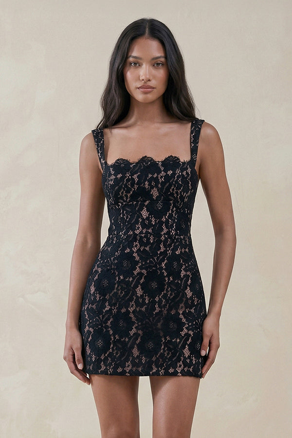 Square Neck Lace Sheath Mini Wedding Dress in Black - SHE IS ME Wedding Dresses