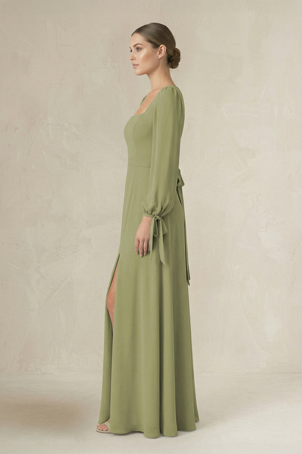 Square Neck Long Sleeve A-Line Chiffon Bridesmaid Dress in Moss Green - SHE IS ME BRIDESMAID DRESSES