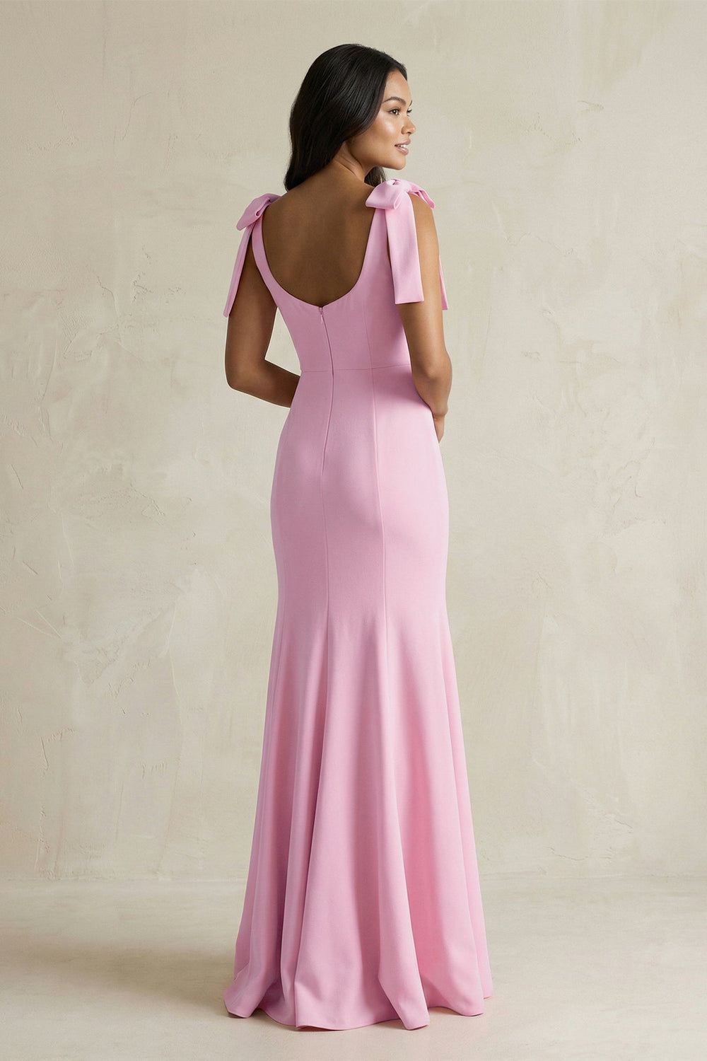 Square Neck Mermaid Bridesmaid Dress With Bow in Pink - SHE IS ME Bridesmaid Dresses