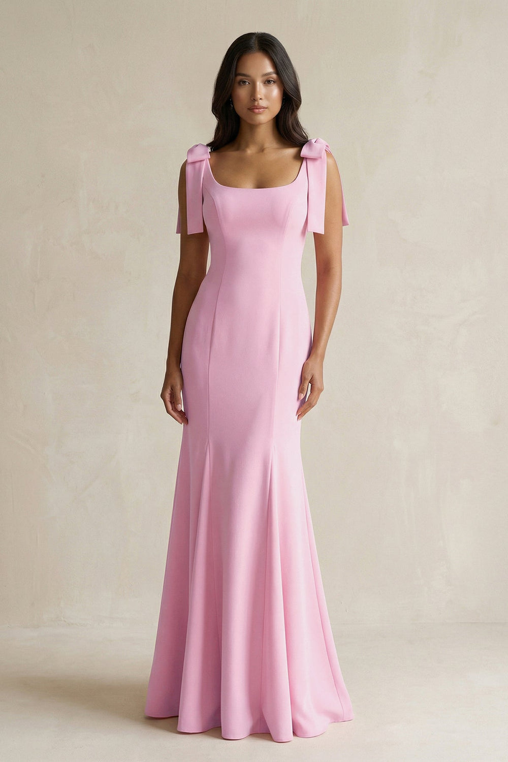 Square Neck Mermaid Bridesmaid Dress With Bow in Pink - SHE IS ME Bridesmaid Dresses
