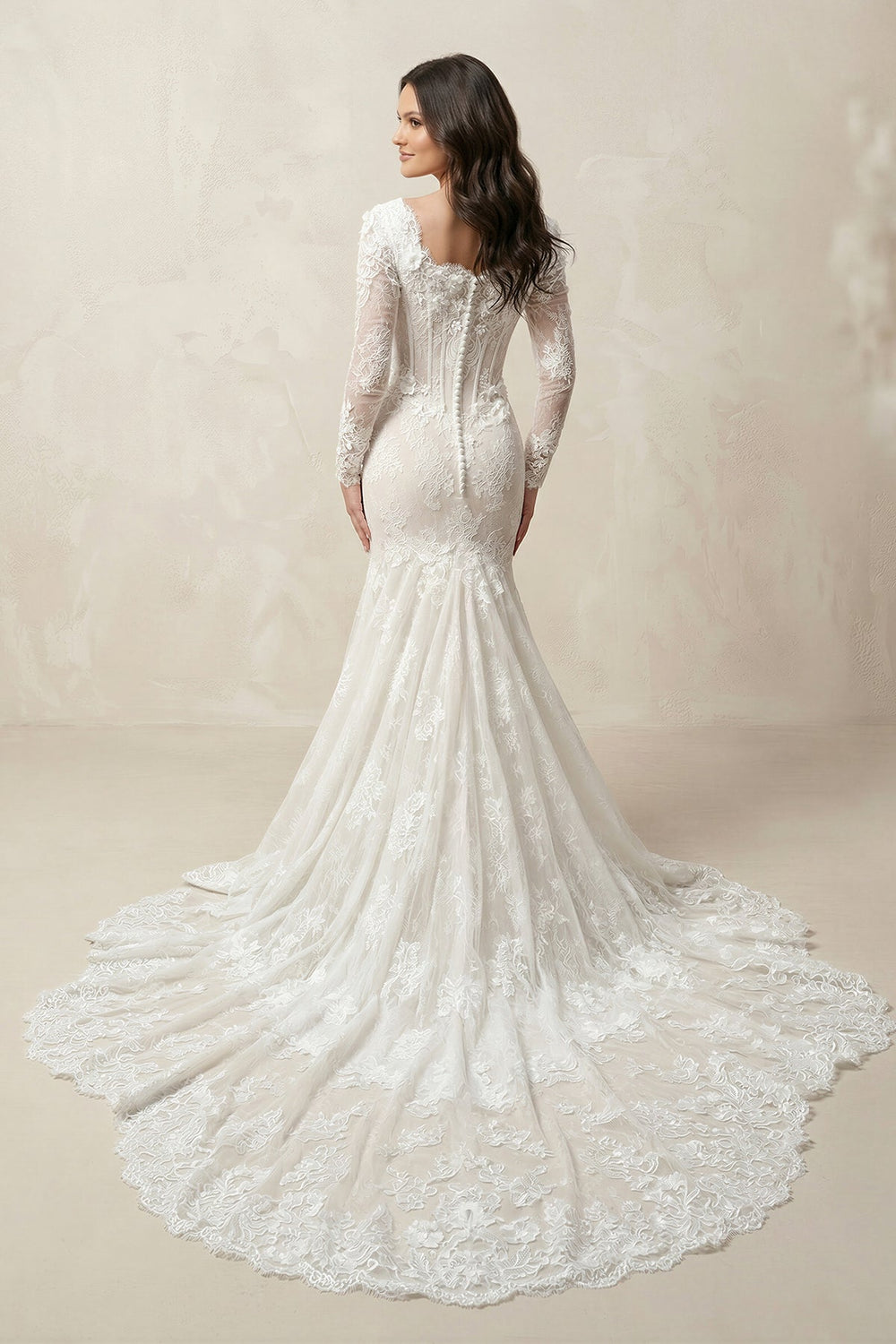 Square Neck Mermaid Lace Long Sleeves Appliqued Wedding Dress in Ivory - SHE IS ME Wedding Dresses