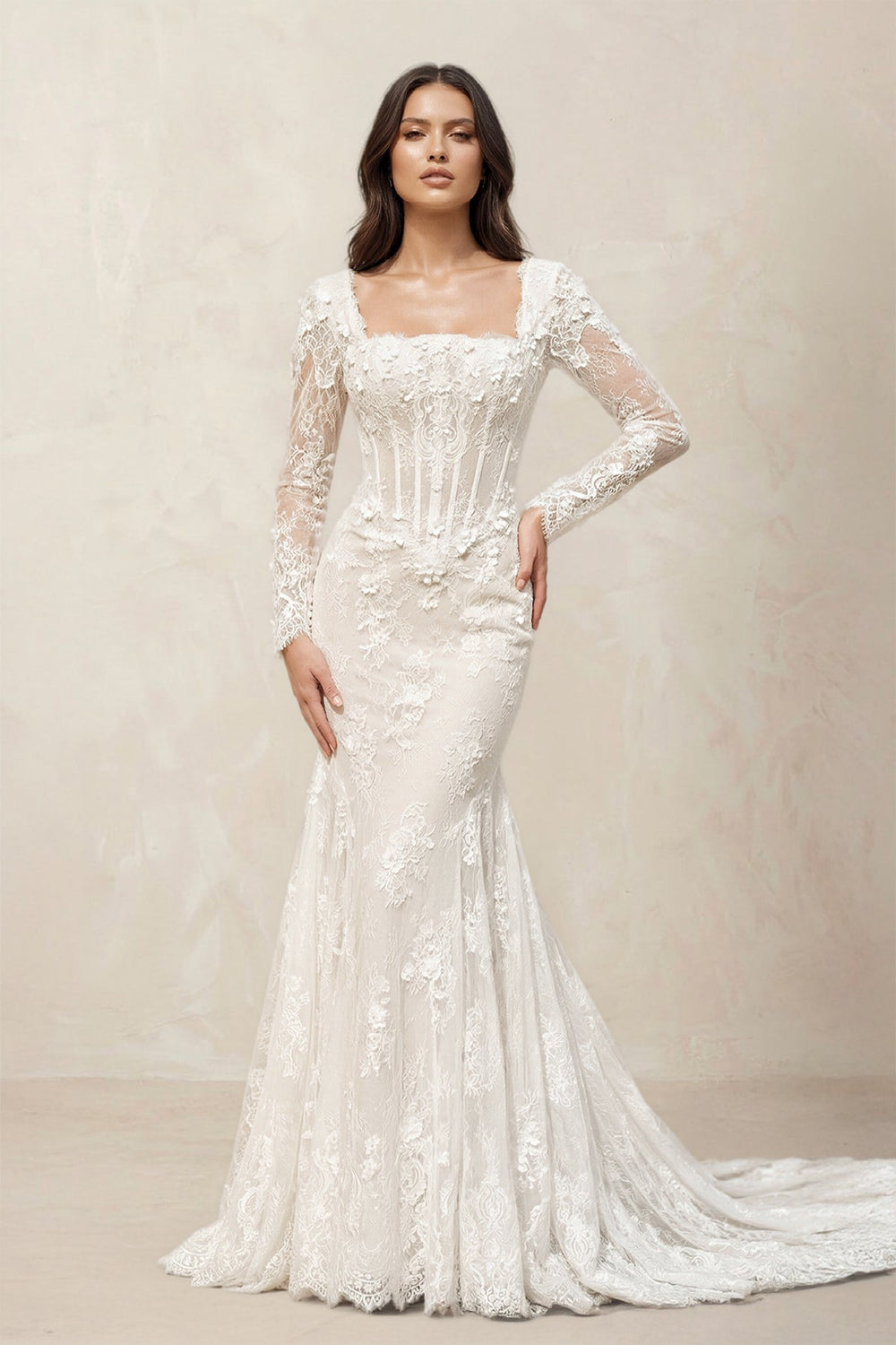 Square Neck Mermaid Lace Long Sleeves Appliqued Wedding Dress in Ivory - SHE IS ME Wedding Dresses