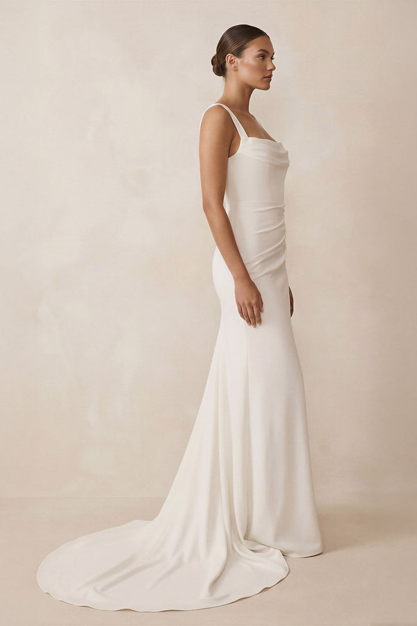 Square Neck Mermaid Satin Corset Wedding Dress in White - SHE IS ME Wedding Dresses