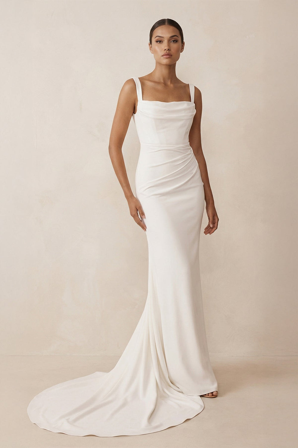 Square Neck Mermaid Satin Corset Wedding Dress in White - SHE IS ME Wedding Dresses