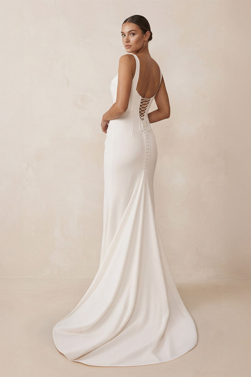 Square Neck Mermaid Satin Corset Wedding Dress in White - SHE IS ME Wedding Dresses