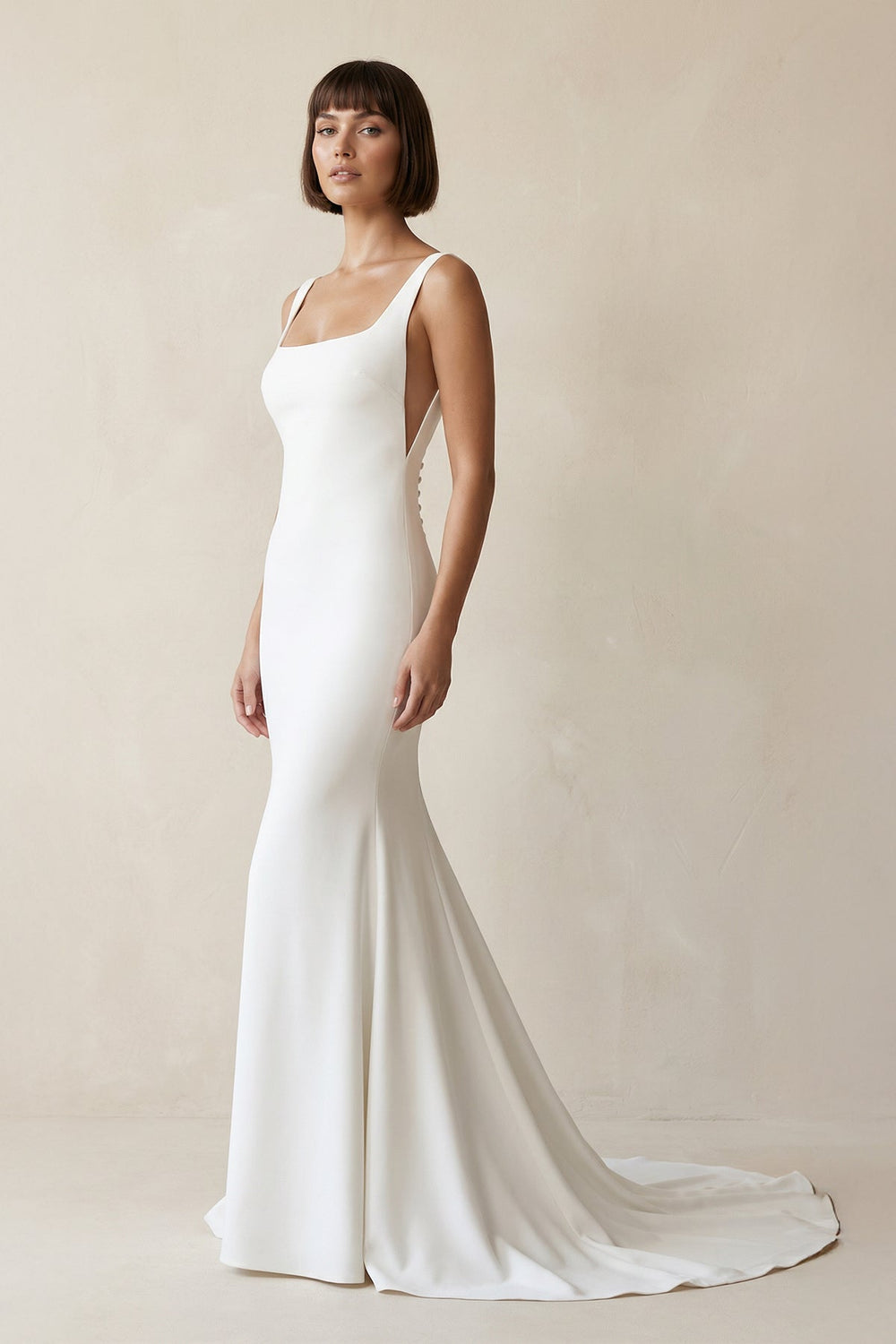 Square Neck Mermaid Satin Wedding Dress in White - SHE IS ME Wedding Dresses