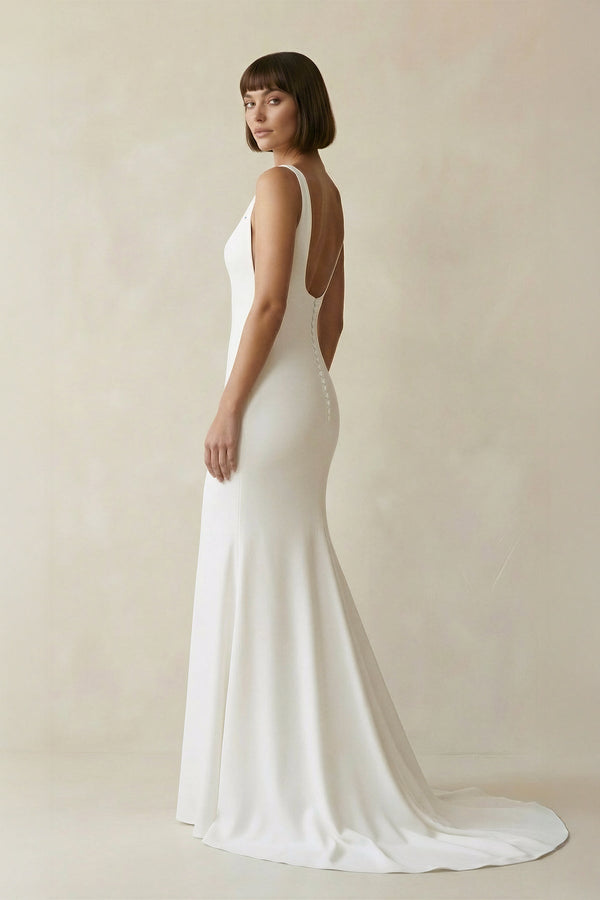 Square Neck Mermaid Satin Wedding Dress in White - SHE IS ME Wedding Dresses