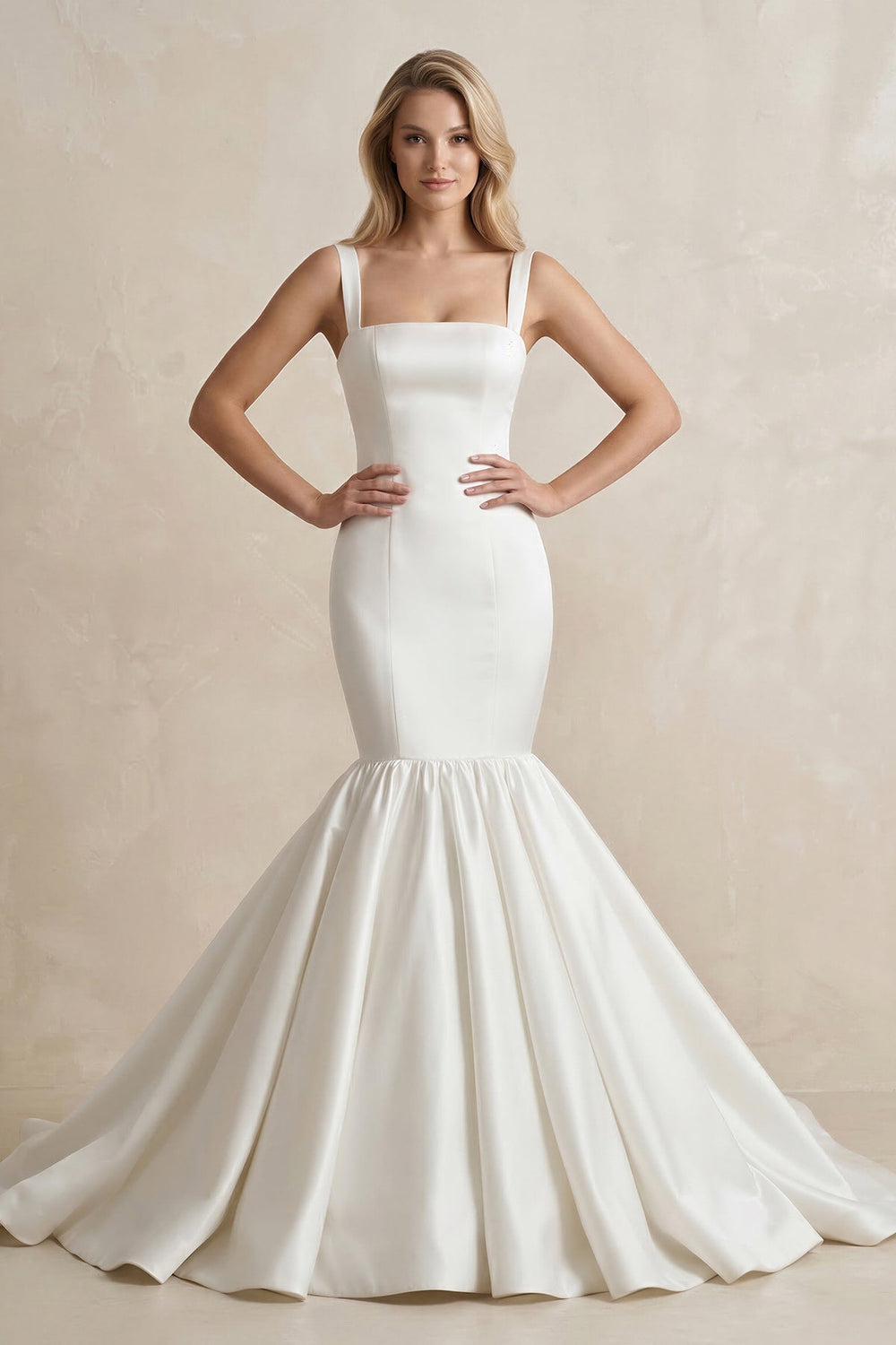 Square Neck Mermaid Satin Wedding Dress in White - SHE IS ME Wedding Dresses