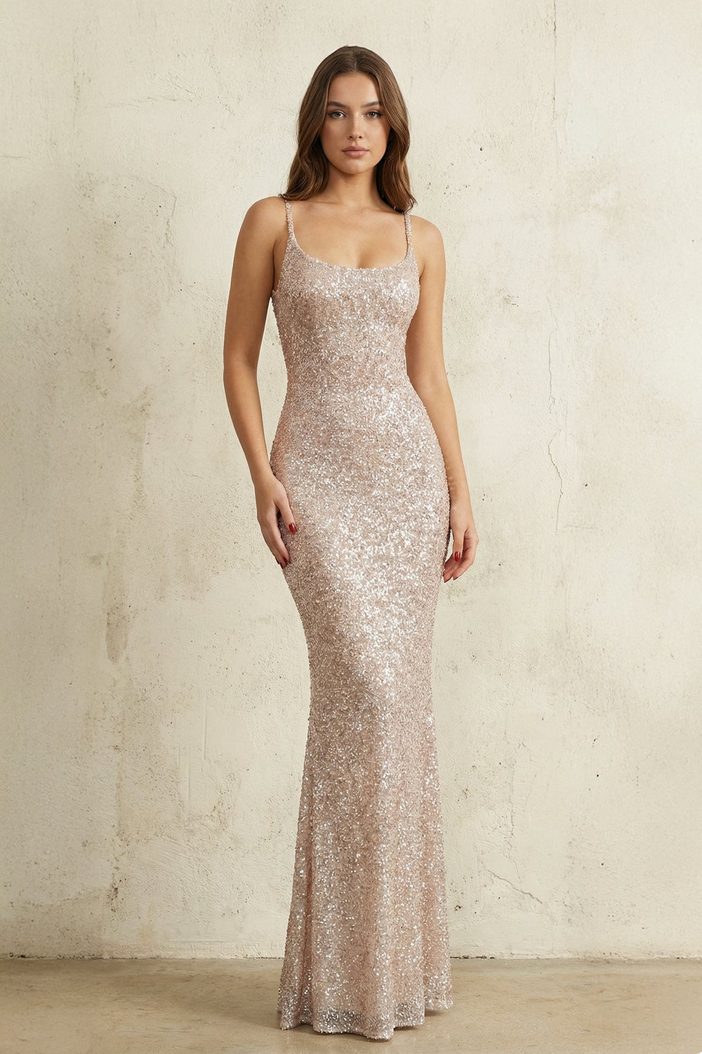 Square Neck Mermaid Sequined Open Back Maxi Dress in Champagne - SHE IS ME PROM DRESSES