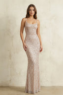 Square Neck Mermaid Sequined Open Back Maxi Dress in Champagne - SHE IS ME PROM DRESSES