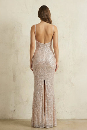 Square Neck Mermaid Sequined Open Back Maxi Dress in Champagne - SHE IS ME PROM DRESSES